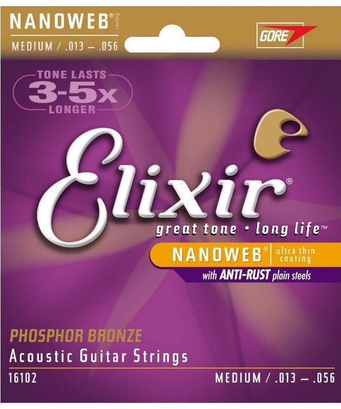 Elixir 16102 Nanoweb Acoustic Guitar Strings - Medium 13 - 56 - Remenyi House of Music