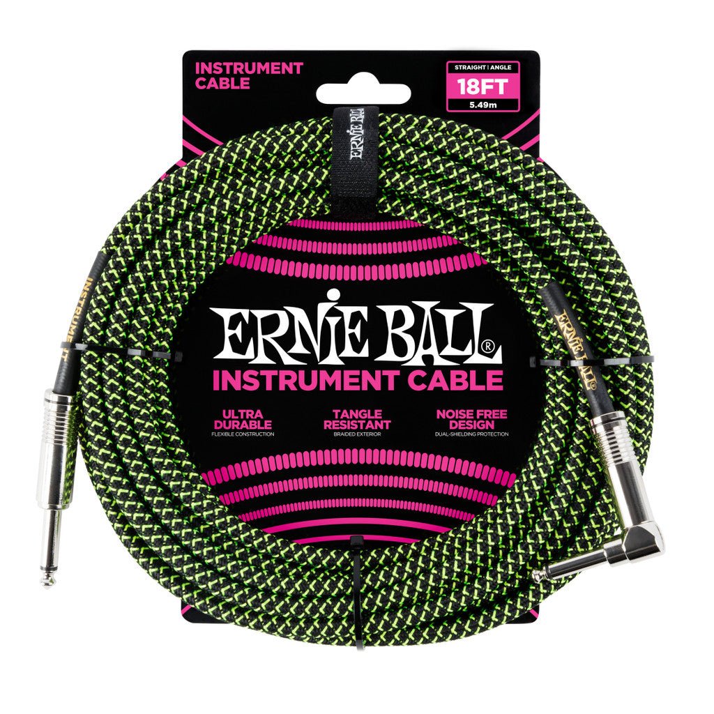 Ernie Ball 18 Braided Straight / Angle Instrument Cable Black and Green - Remenyi House of Music