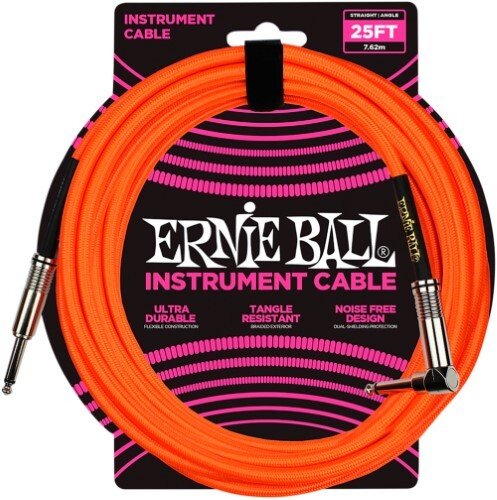 Ernie Ball 25 Braided Straight / Angle Instrument Cable Neon Orange - Remenyi House of Music