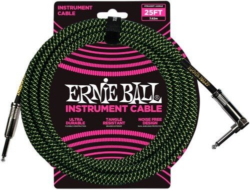 Ernie Ball 6066 25 - Foot 1/4 Straight/Angle Braided Black/Green Guitar Cable - Remenyi House of Music