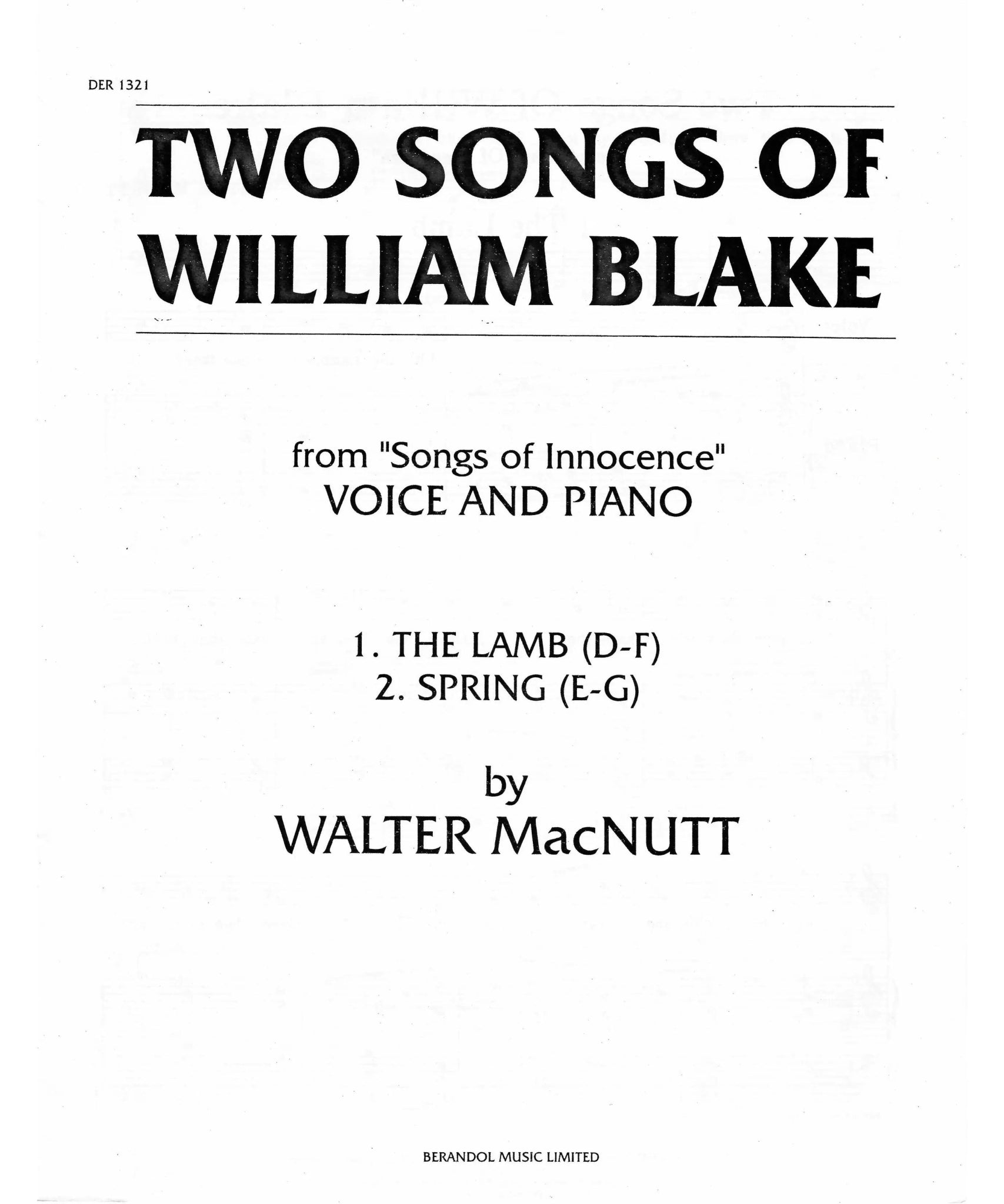 MacNutt, W. - Two Songs of William Blake: The Lamb and Spring (for High and Medium Voice) - Remenyi House of Music