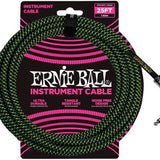 Ernie Ball 6066 25-Foot 1/4  Straight/Angle Braided Black/Green Guitar Cable