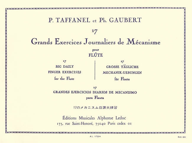 Composed by Paul Taffanel (1844-1908) and Philippe Gaubert (1879-1941), <i>17 Grands Exercices Journaliers de M&eacute;canisme</i> should be performed daily to maintain and strengthen your technique and tone. In this progressive method, the importance of the purity of the sound is highlighted and the flautist should work their techniques keeping this idea constantly in mind. A calendar appears at the beginning of the method to ensure progress is made and advice is given in four languages: French, English...